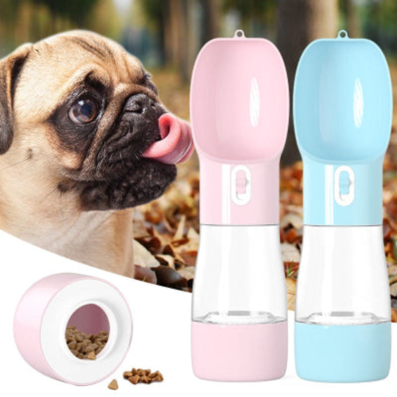 Two pet water bottles, one pink and one blue, with a pug dog in the background.